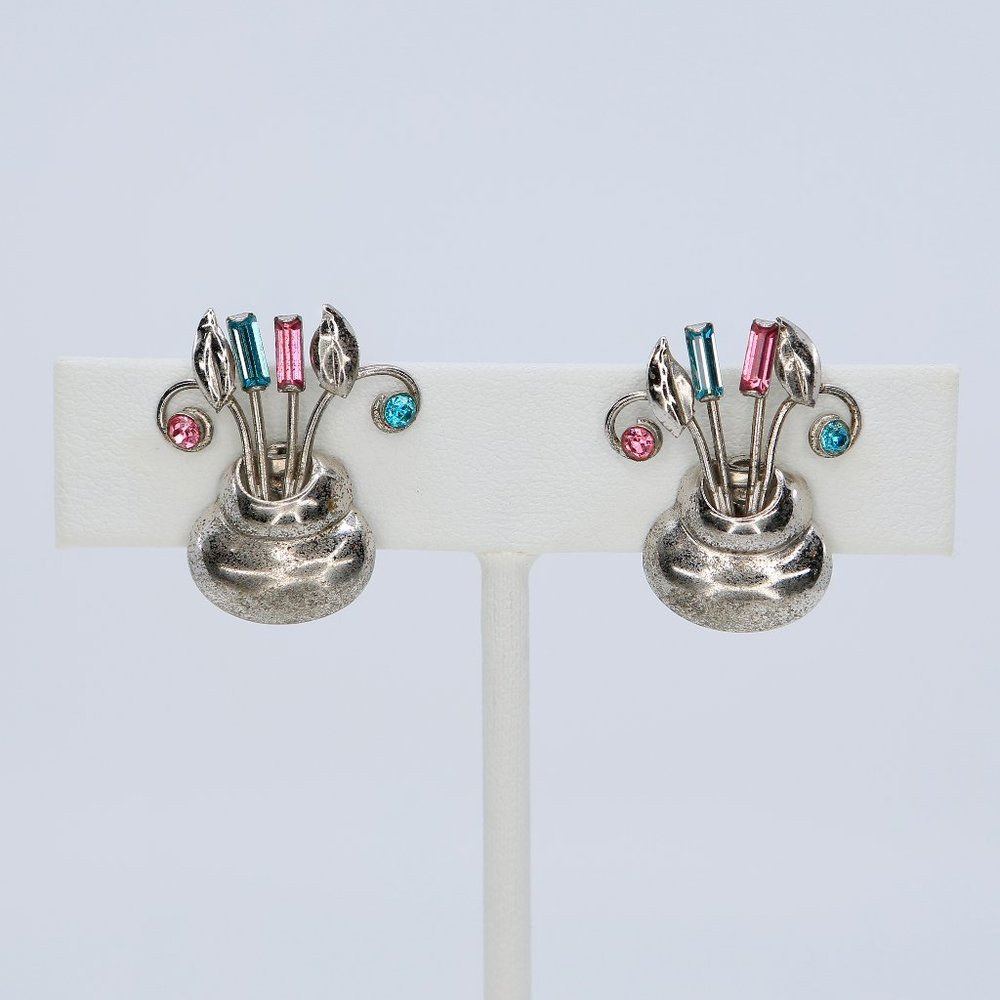Vintage Bond Boyd Sterling Flower Bouquet Screw Back Earrings, Circa 1940s, Rare